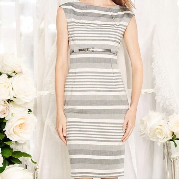 Calvin Klein Dresses & Skirts - Calvin Klein Gray Striped Pintucked Sheath Dress With Silver Belt Size 6